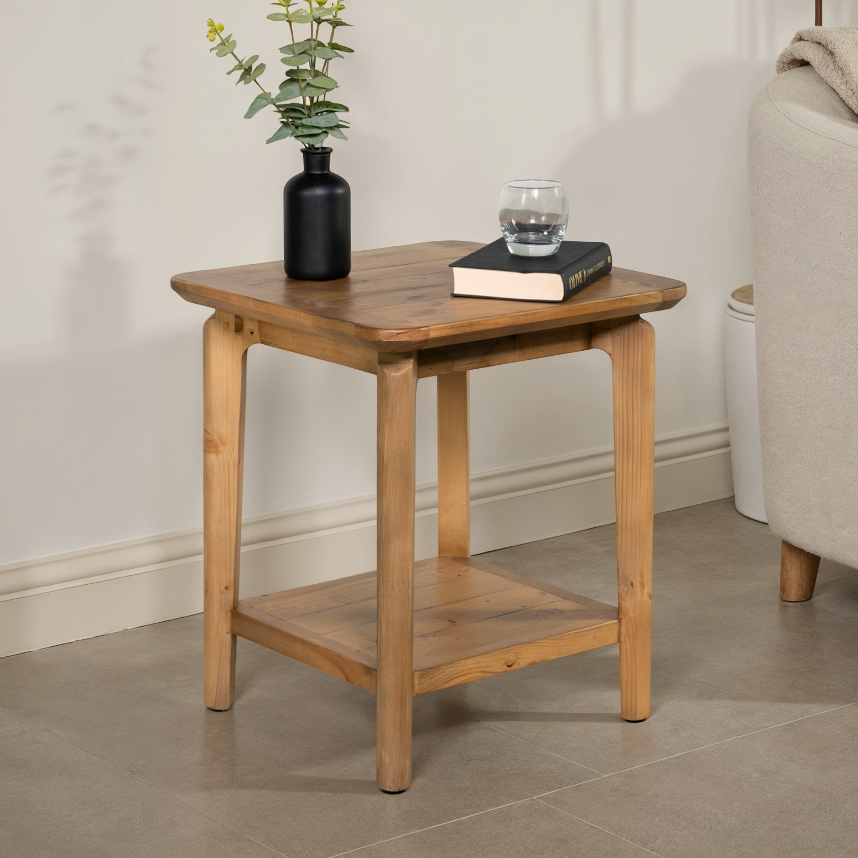 Scandi lamp table with shelf