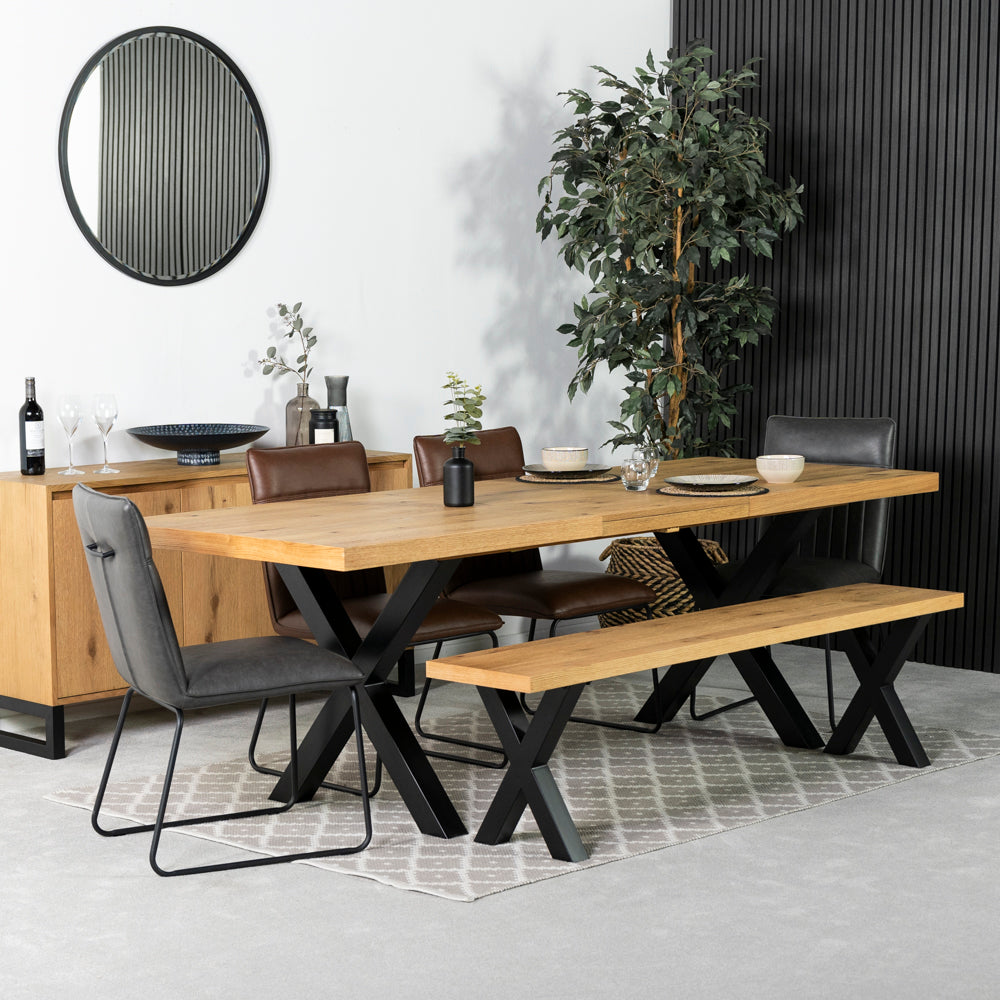 Montana Oak Cross Leg Extending Dining Table & Grainger Grey Dining Chairs