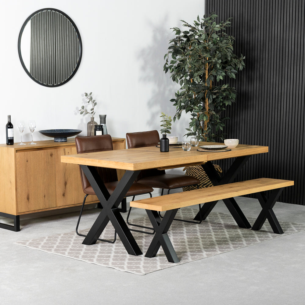 Montana Oak Cross Leg Extending Dining Table & Grainger Brown Dining Chairs
