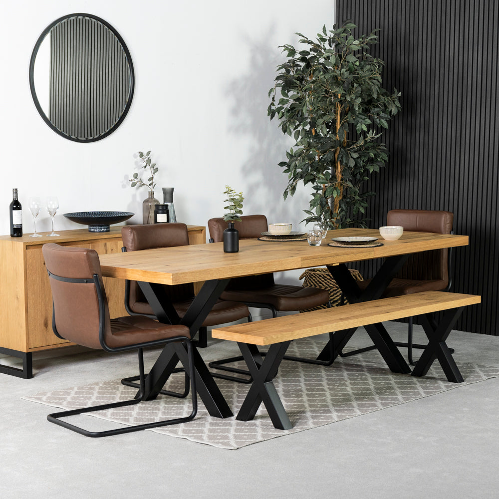 Montana Oak Cross Leg Extending Dining Table & Auburn Tan Dining Chairs
