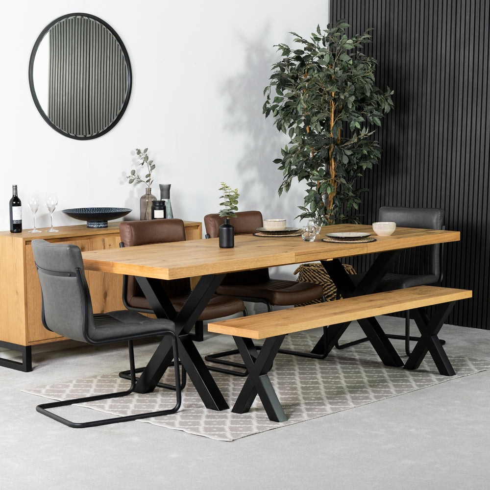 Montana Oak Cross Leg Extending Dining Table & Auburn Grey Dining Chairs