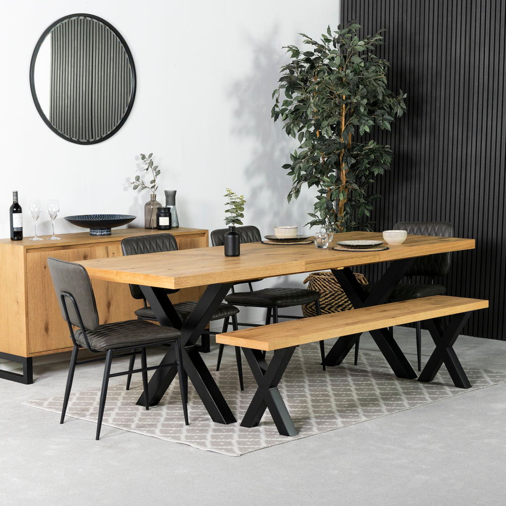 Montana Oak Cross Leg Extending Dining Table & Houston Grey Dining Chairs