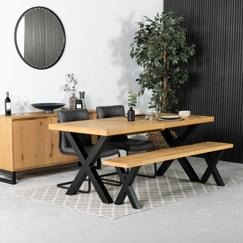Montana Oak Cross Leg Extending Dining Table & Auburn Grey Dining Chairs
