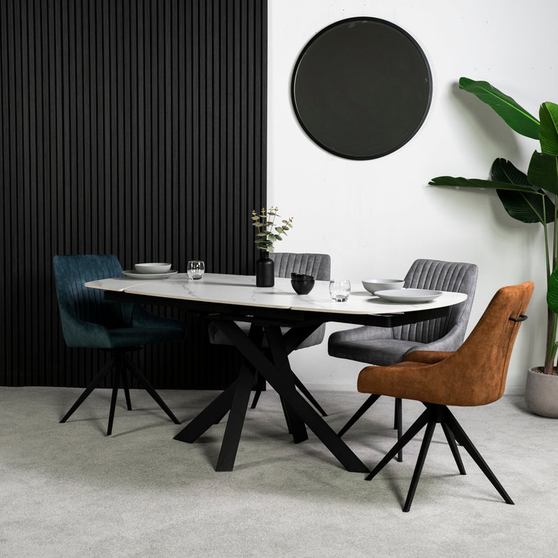 Seattle White Ceramic Extending Dining Table & 4 Aiden Velvet Swivel Dining Chairs