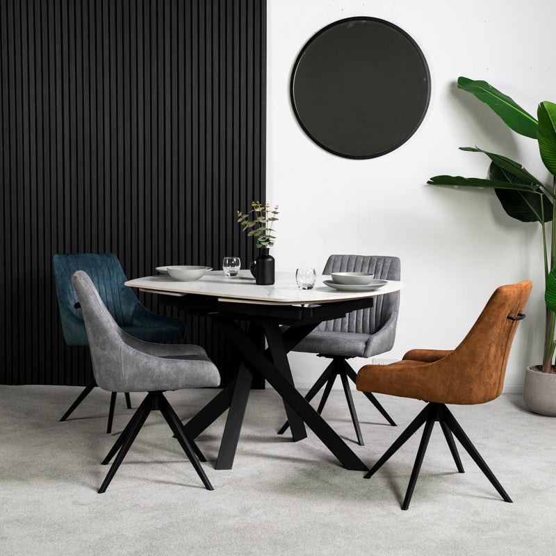 Seattle White Ceramic Extending Dining Table & 4 Aiden Velvet Swivel Dining Chairs