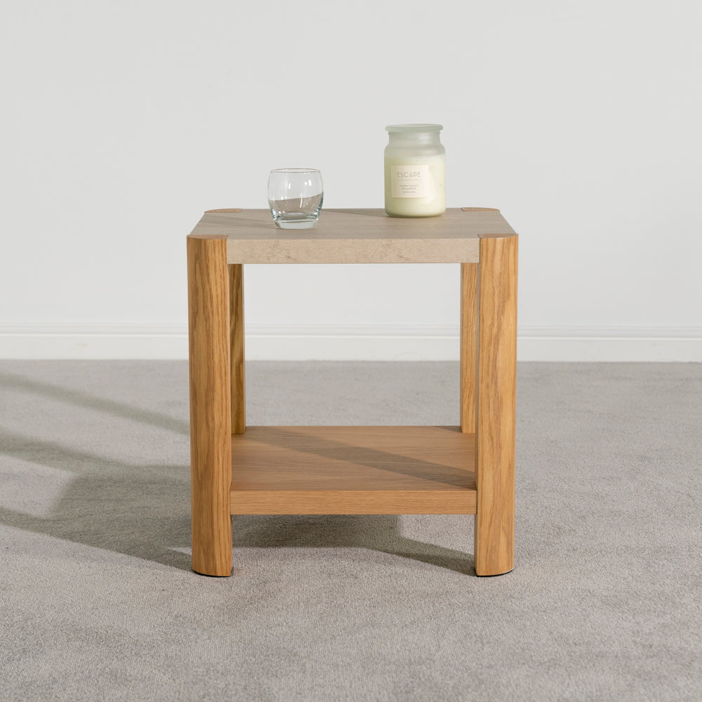 Artemis Side Table | Travertine Ceramic & Natural Oak | FW Homestores