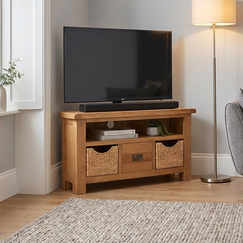 Cheltenham Oak Corner TV Unit With Baskets