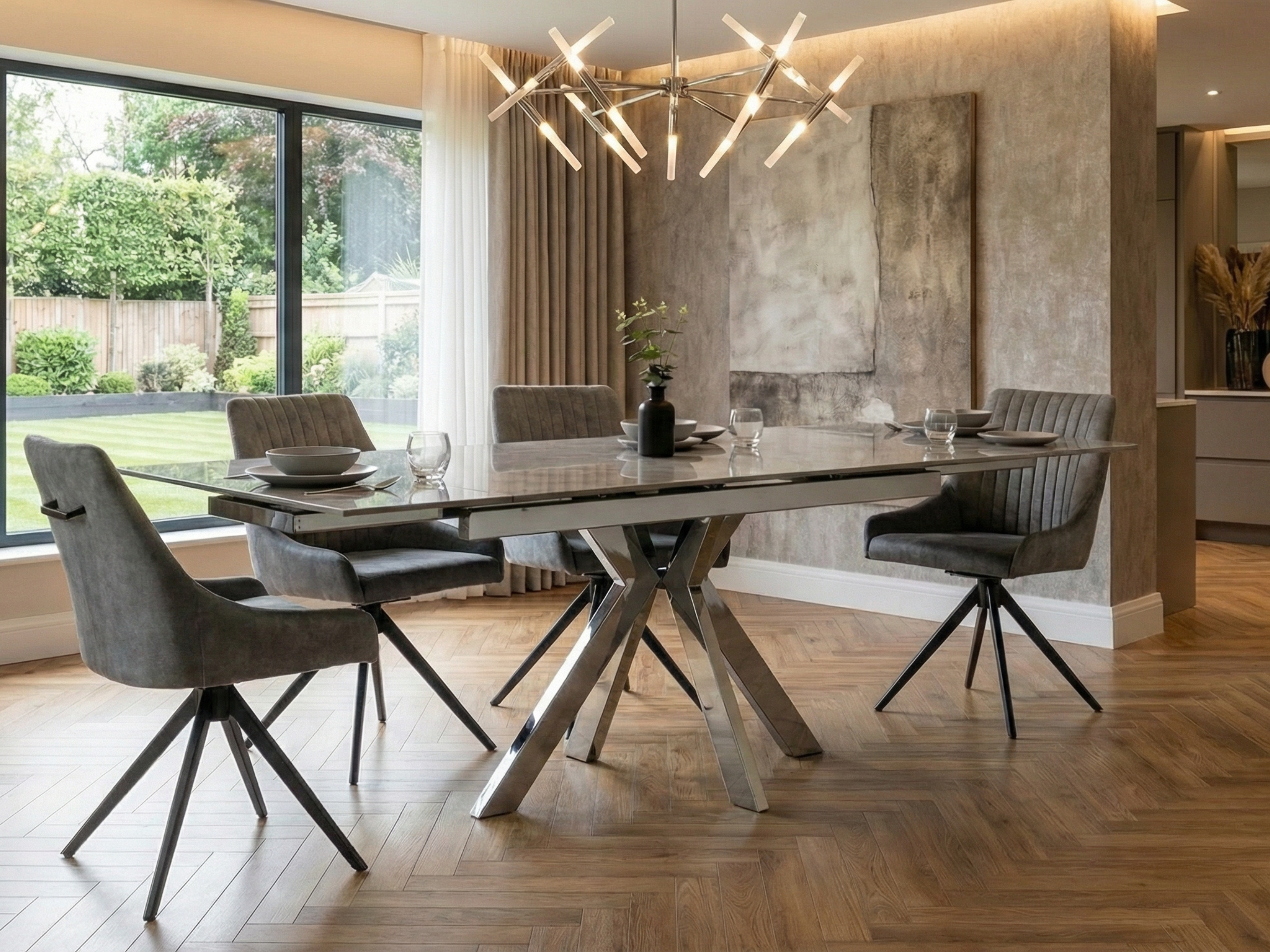 Vegas Light Grey Extendable Ceramic Dining Table with Chrome Leg (160cm-240cm)