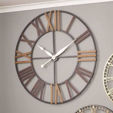 Antique Grey Metal & Wood Round Wall Clock Wall Clock Antique 