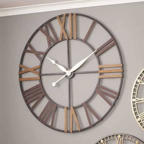 Antique Grey Metal & Wood Round Wall Clock