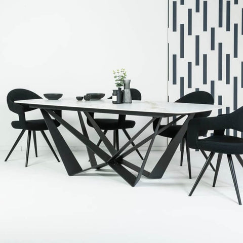 Marvel Ceramic Fixed Top Dining Table & Black Emma Bouclé Dining Chair Set Package Deal