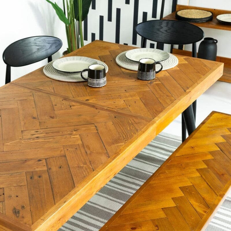 Herringbone dining table on sale and bench