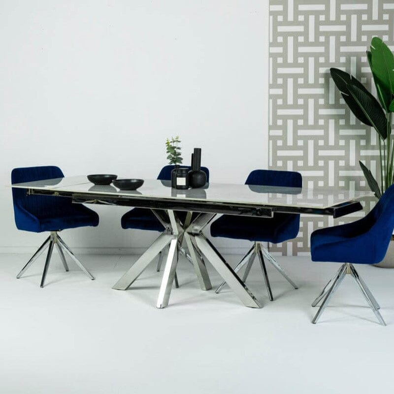 Vegas White Extendable Ceramic Dining Table (160cm-240cm) & Aiden Blue Velvet Swivel Dining Chairs Package Deal Package Deal Vegas 