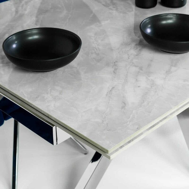 Vegas White Extendable Ceramic Dining Table (160cm-240cm) & Aiden Grey Velvet Swivel Dining Chairs Package Deal Package Deal Vegas 