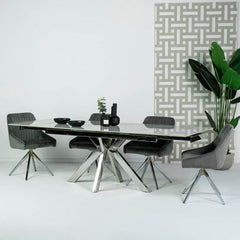 Vegas White Extendable Ceramic Dining Table (160cm-240cm) & Aiden Grey Velvet Swivel Dining Chairs Package Deal Package Deal Vegas 
