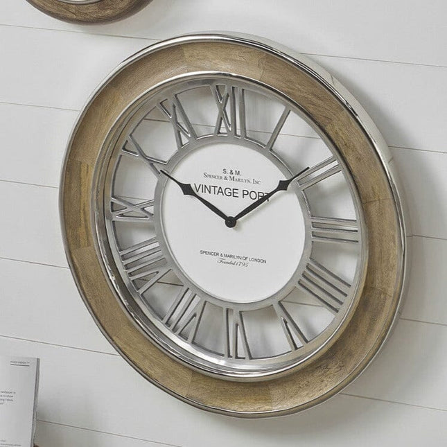 Polished Nickel & Mango Wood Round Clock Furniture FWHomestores 