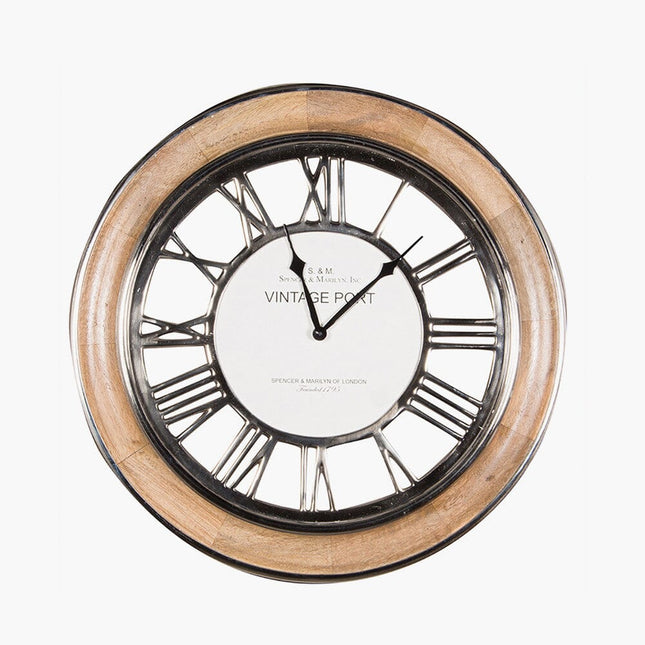 Polished Nickel & Mango Wood Round Clock Furniture FWHomestores 