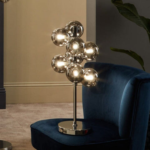 Smoke Glass Orb and Chrome Table Lamp