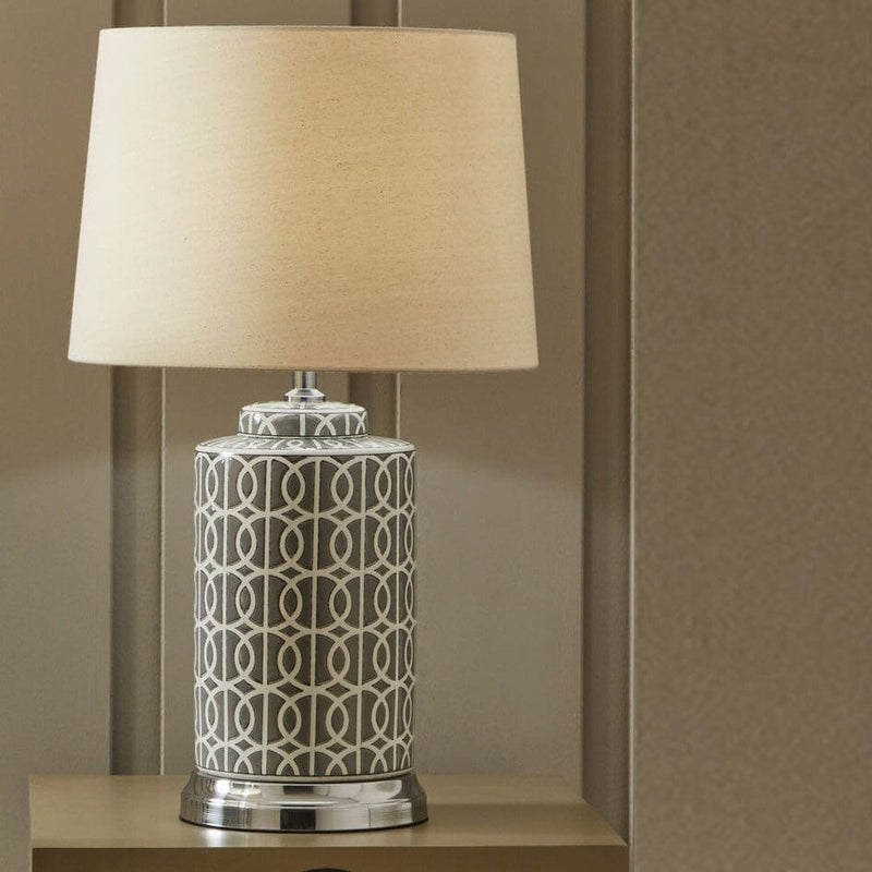 Tall Grey and White Geo Pattern Table Lamp Table Lamp Black & Copper 