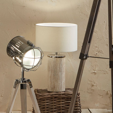 White Wash Wood Column Table Lamp